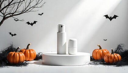 Halloween skincare setup features white cosmetic bottles, pumpkins, and bat decorations for a festive beauty promotion.