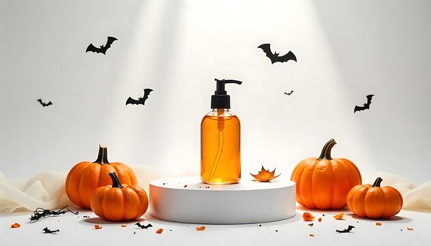 Halloween themed cosmetic bottle surrounded by pumpkins and bats creating a festive autumn scene.