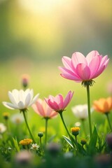 Serene Pastel Flowers Dancing in a Sunlit Meadow Springtime Joy and Delicate Beauty