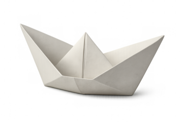 Simple origami boat crafted from white paper, gracefully floating against a transparent background, embodying creativity and adventure