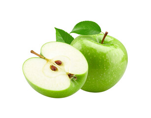 Fresh Green Apples Whole and Halved with Seeds and Leaves.