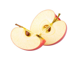 Sliced Red Apple Halves with Seeds and Stem Detail.
