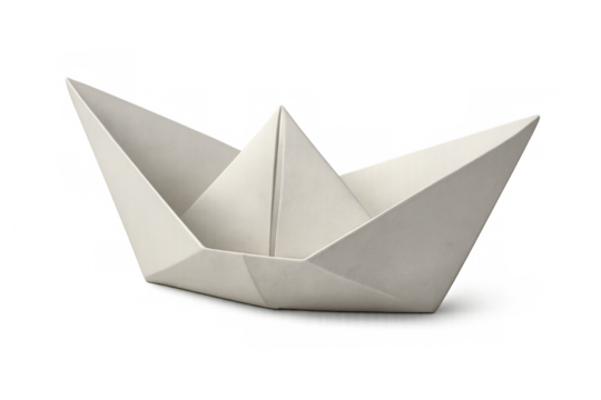 Simple origami boat crafted from white paper, gracefully floating against a transparent background, embodying creativity and adventure