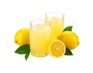 Refreshing Lemonade in Glasses with Fresh Lemons and Green Leaves.