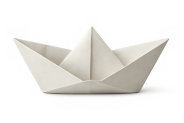 Paper boat crafted through origami technique, drifting on pristine white background, symbolizing minimalist travel and personal journey