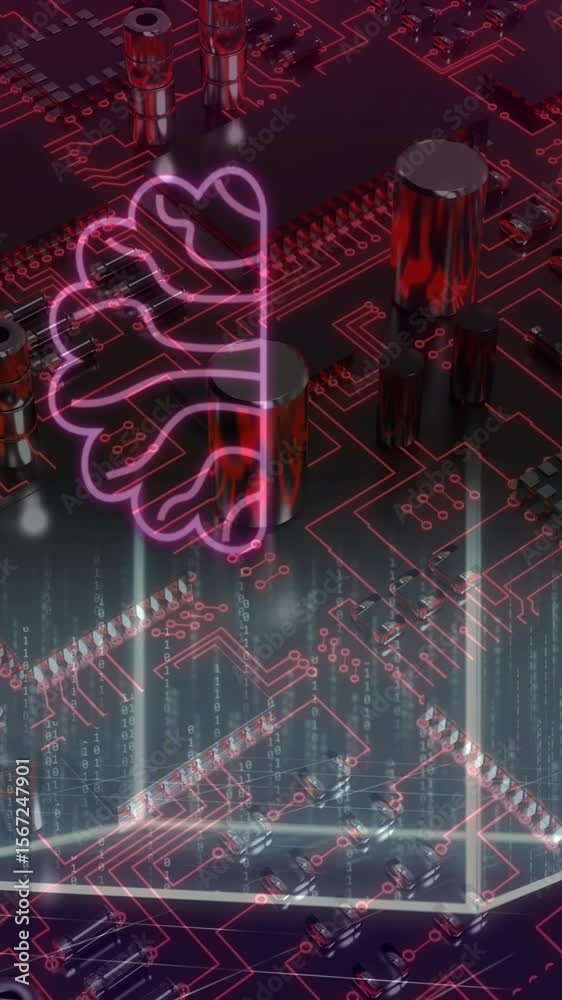 Poster Animation of ai data processing and icons over computer circuit board background