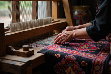 Senior Artisan Weaving a Traditional Oriental Rug on a Vintage Wooden Loom