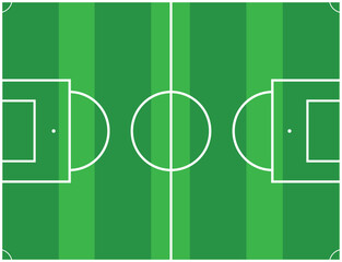 Vector illustration of a classic soccer field top view with white lines, goal areas, penalty spots, and center circle on a green grass background. Ideal for sports strategy diagrams, coaching material