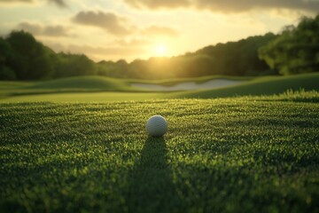 Golf Ball on Lush Green Course at Sunset