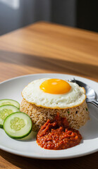 Fried rice dish with egg, cucumber, and crackers