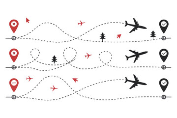 Obraz premium Airplane dotted route line set.Path travel line shapes with start point and dash line trace for plan vector set flat style plane icon from start pin point to finish isolated on white background.Airpla