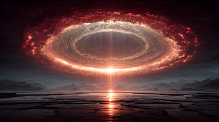 Laser vortex over surreal digital desert landscape