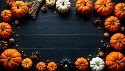 Halloween pumpkins with black, white and orange gourds create a festive seasonal flat lay on dark wooden planks for Autumn celebrations.