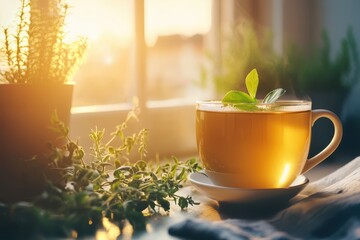 Warm Tea in Ceramic Cup on Kitchen Table