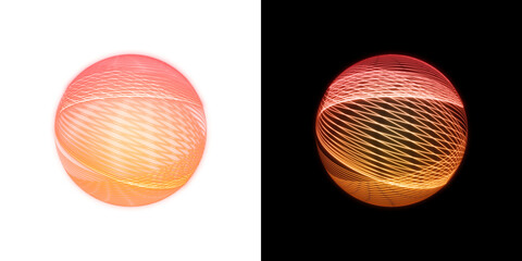 Red and orange glowing sphere with abstract light lines, left transparent, right on black background
