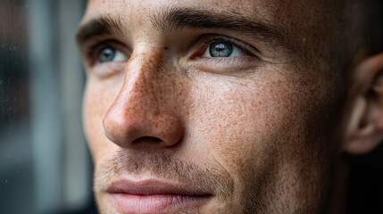 Cancer treatment options for targeted therapy concept. Close-up portrait of a thoughtful man with eyes and freckles.