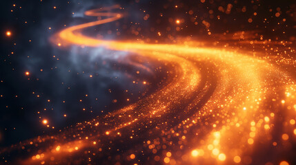 Obraz premium Curving golden light trail flowing through a deep cosmic background, ideal for abstract and sci-fi digital themes