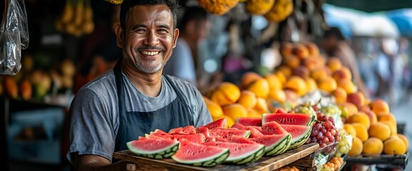 Smiling Fruit Vendor with Watermelon Slices, Fresh Produce Market Scene.