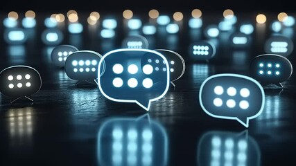 Glowing chat bubbles scattered across a dark surface, creating a vibrant digital communication scene - Powered by Adobe