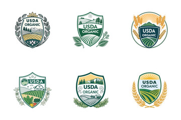 Naklejka premium USDA Organic Badges: A collection of six intricately designed USDA organic badges showcasing rolling fields, verdant farmland, and natural elements, epitomizing the essence of pure.