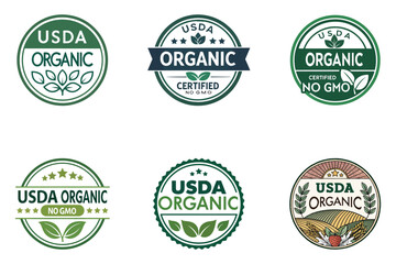 USDA Organic Certified Seals: Collection of organic certification logos featuring green and farm field elements.
