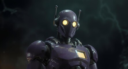 a futuristic robot figure that radiates an aura of strength and toughness