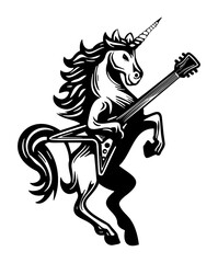 Obraz premium Rocking Unicorn with Electric Guitar – Bold Black and White Vector