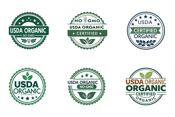 Obraz premium USDA Organic Badges: A collection of green and gold USDA Organic badges, artfully displayed, representing certified organic products, appealing to consumers.