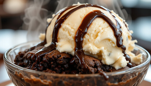 A steaming brownie topped with vanilla ice cream and chocolate sauce in a glass bowl.