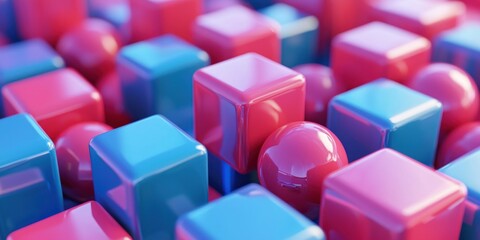 Obraz premium A 3D-rendered arrangement of minimalistic cubes and spheres in a harmonious, symmetrical layout.