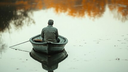 Solitary Figure in a Rowboat, Serene Autumnal Lake Scene
