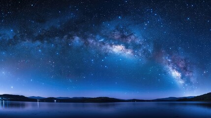 A stunning panoramic view of the Milky Way over a calm lake at night.