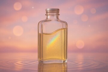 Ethereal golden liquid in glass bottle with rainbow reflection yellow