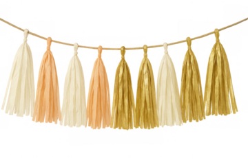 Decorative gold, peach, cream tassels dangling festively on string, floating against transparent background