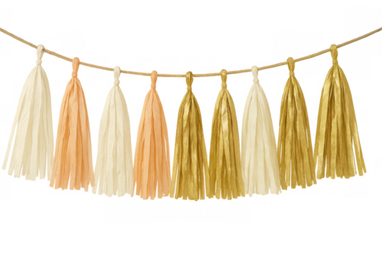 Decorative gold, peach, cream tassels dangling festively on string, floating against transparent background