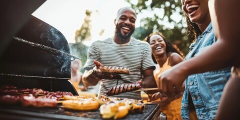 A backyard barbecue party with friends and family gathered around a grill, laughing and enjoying food