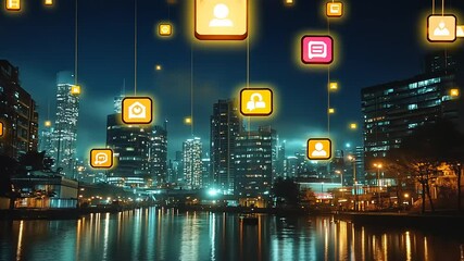 Night cityscape with glowing social media icons above a river, reflecting urban life and technology - Powered by Adobe