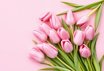 Obraz premium Delicate pink tulips arranged in a spring bouquet on a pastel pink background, flat lay, delicate, closeup