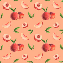 Watercolor pattern with peaches, nectarines. Pastel pattern for fabric, beige, peach color.