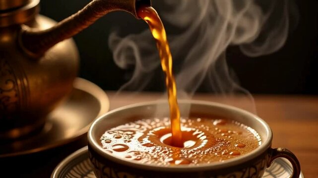 Traditional Arabic coffee pouring into a cup, steaming hot beverage with golden foam, vintage brass dallah pot and ornate ceramic cup