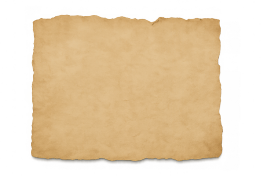 Weathered parchment sheet featuring ragged edges, resting on transparent backdrop, offering pristine area for creative text placement