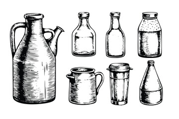 Vintage Milk Containers Vector Engraving Set. Detailed Monochrome Dairy Illustrations. Retro Stipple & Hatching Style Icons & Symbols