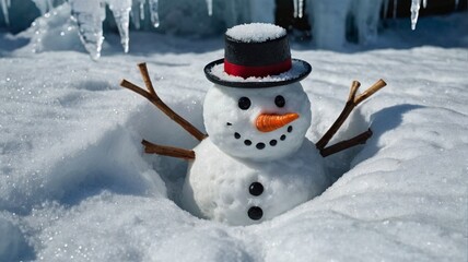 Fototapeta premium A snowman with a hat and carrot nose is sitting in the snow