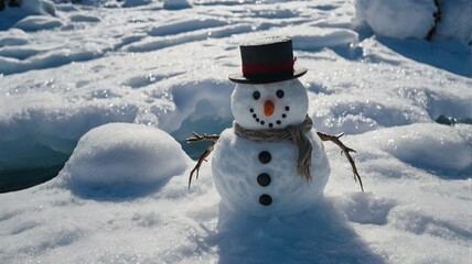 Obraz premium A snowman with a hat and carrot nose is sitting in the snow
