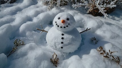 A snowman with a hat and carrot nose is sitting in the snow