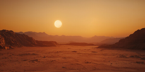 A barren red desert with two suns setting in the sky