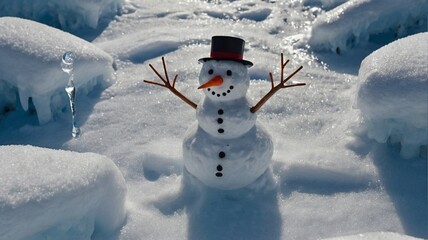 Obraz premium A snowman with a hat and carrot nose is sitting in the snow