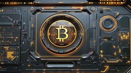Futuristic digital interface showcasing Bitcoin symbol with glowing circuits and high-tech design elements - Powered by Adobe