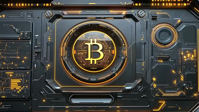 Futuristic digital interface showcasing Bitcoin symbol with glowing circuits and high-tech design elements - Powered by Adobe