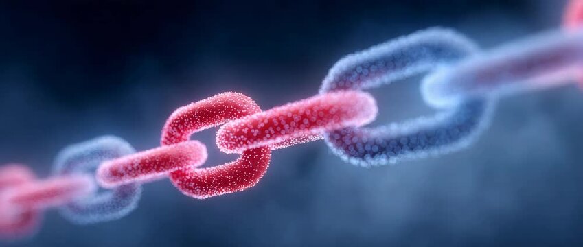Interconnectedness: A 3D rendering of a chain, where links are textured and colored in shades of red and blue, symbolizing connection and interdependence.